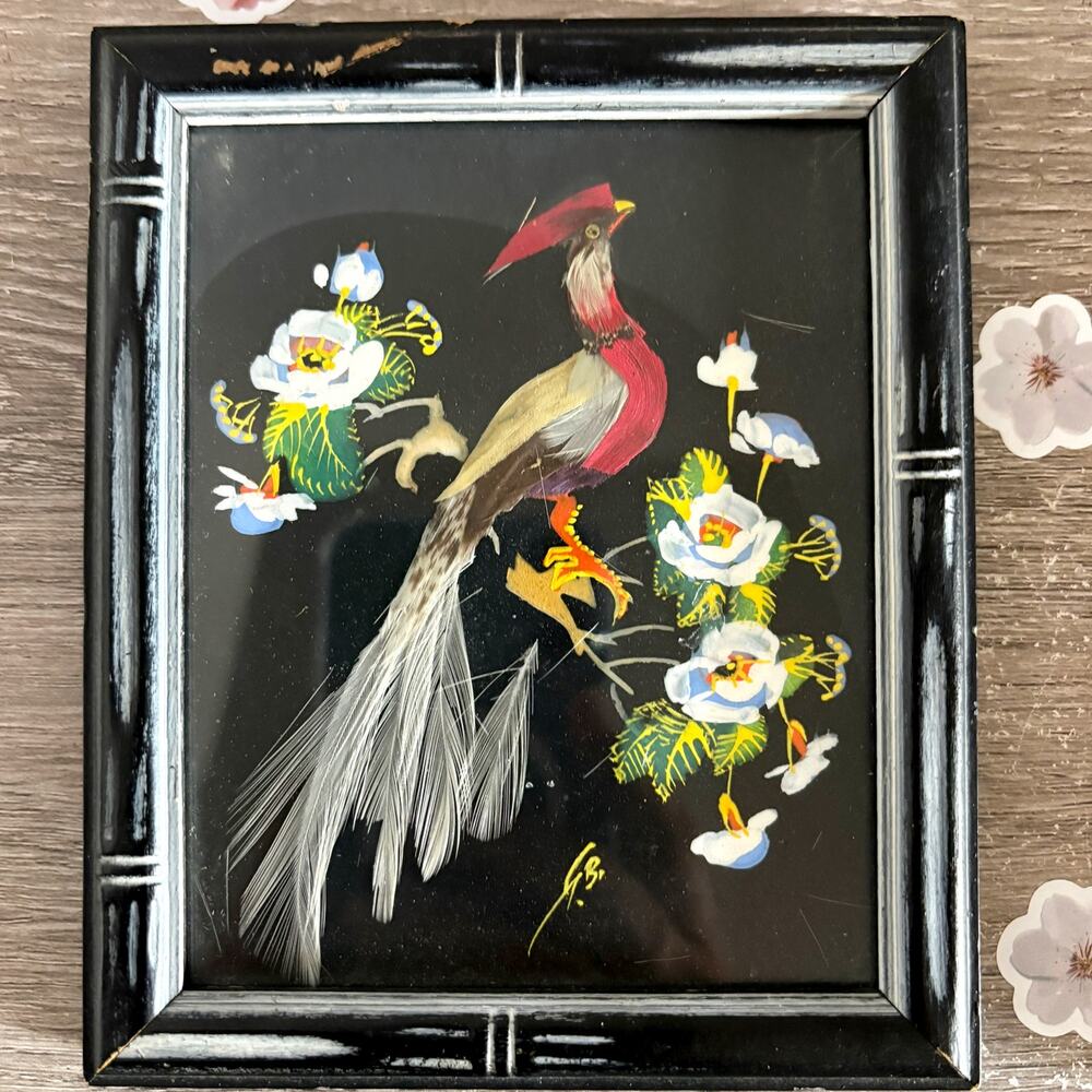 VTG 1940's Feather Bird Paintings Signed Glen F. Bastion American Folk Art Set 3 - Picture 3 of 7